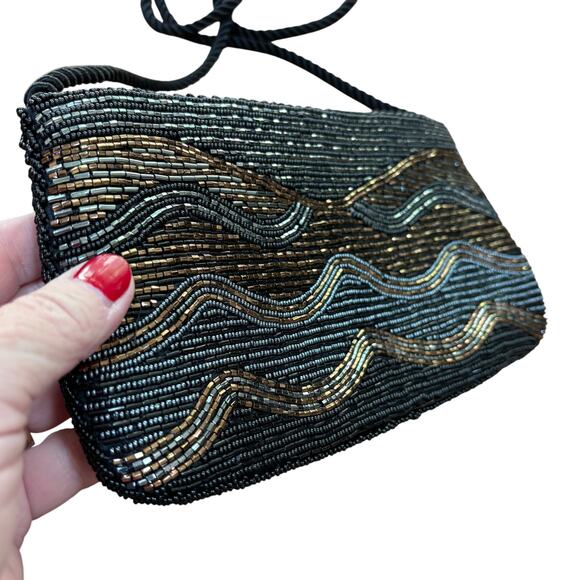 Beaded evening bag dressy 1990’s black satin gold beads dressy shoulderbag purse - Picture 3 of 9